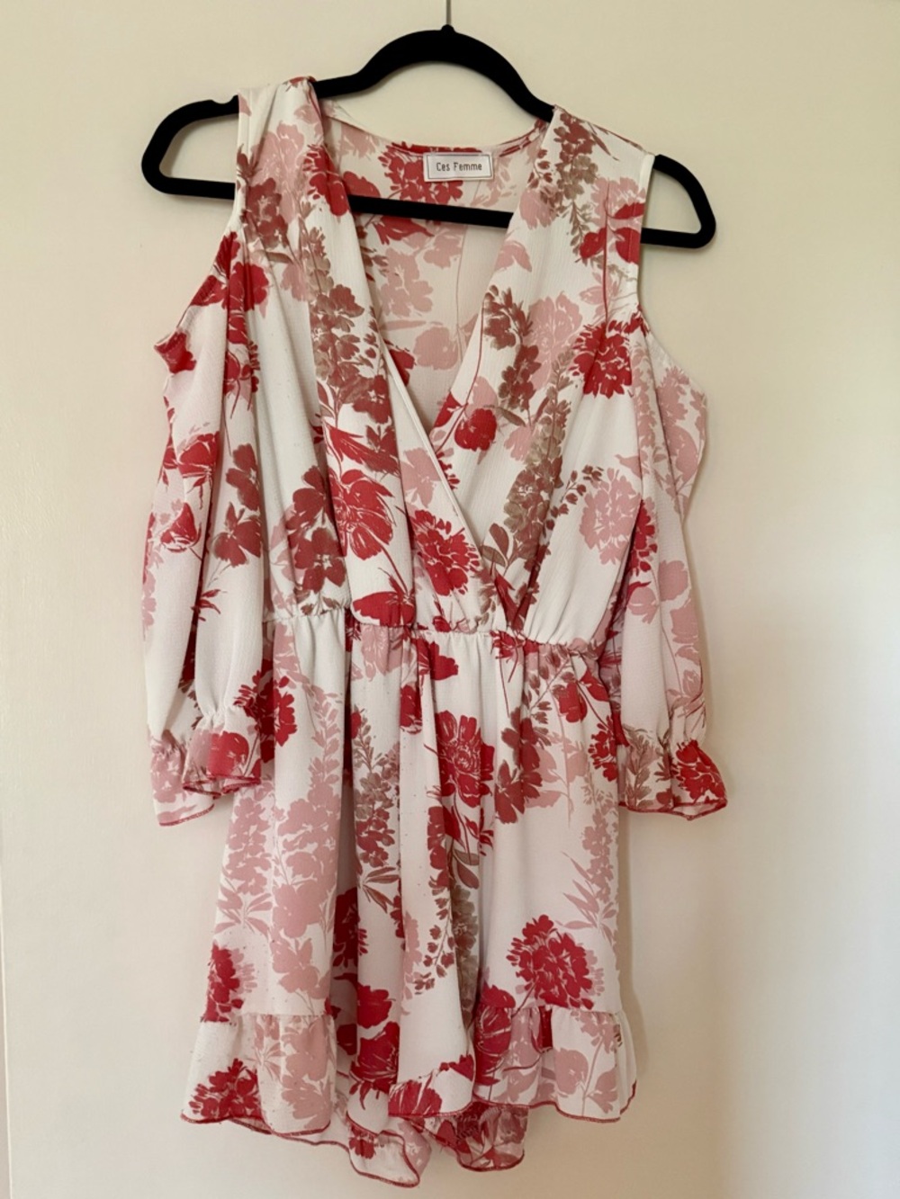 Ce's Femme Pink & Red Floral Cold-Shoulder Romper